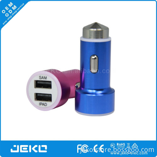 Full metal 2 USB car charger metal car charger with function of breaking window